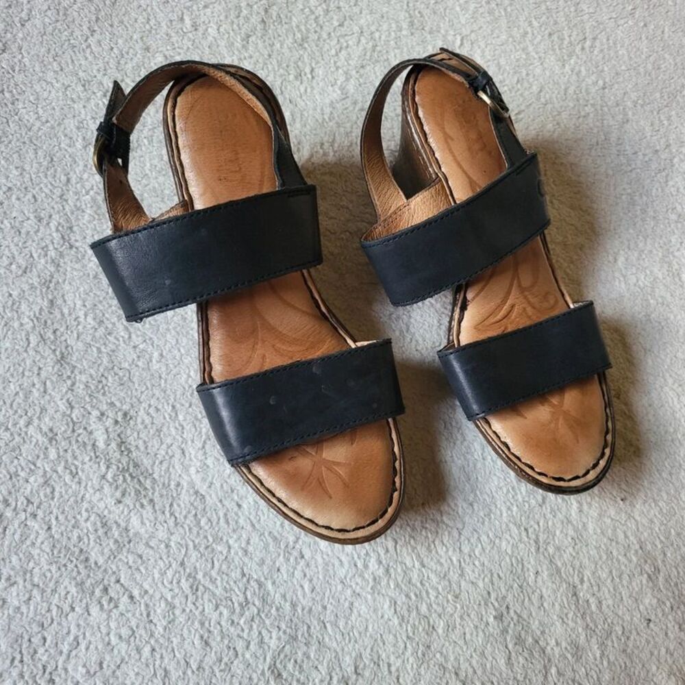 Børn Navy Leather Two-strap Slingback Wedge Sandals Size 6